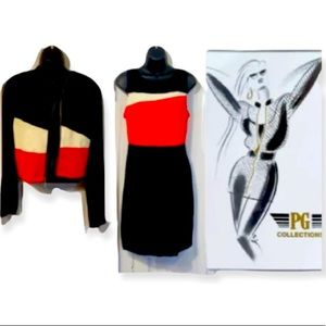 Dress with crop jacket set zipper up LongSleeve suit sweater red white black